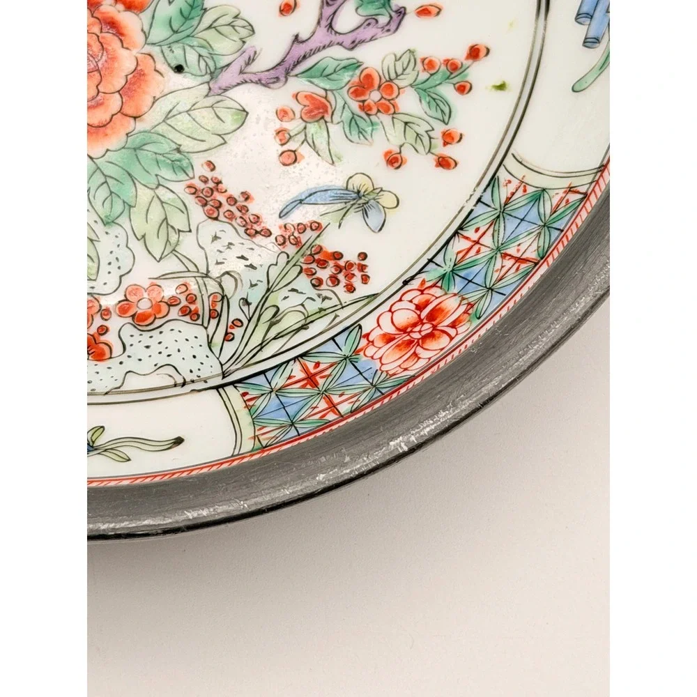 Neiman Marcus Japanese Porcelain Hand Decorated Hong Kong Pewter Encased Bowl